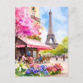 Watercolor Paris Eiffel Tower & Cafe Retro ポストカード (正面)