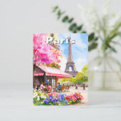 Watercolor Paris Eiffel Tower & Cafe Travel ポストカード (スタンド正面)