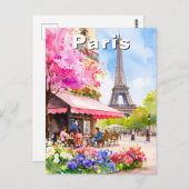 Watercolor Paris Eiffel Tower & Cafe Travel ポストカード (正面/裏面)