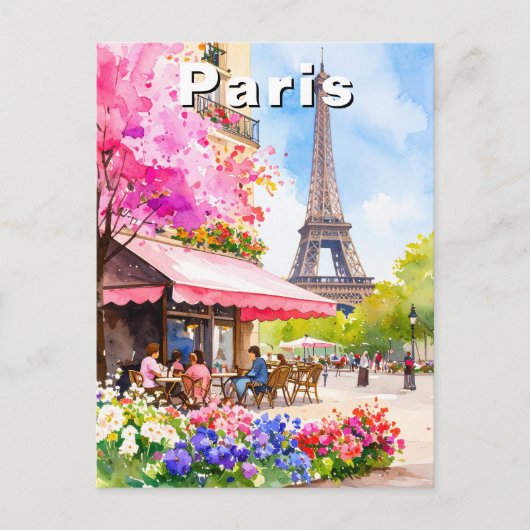 Watercolor Paris Eiffel Tower & Cafe Travel ポストカード (正面)