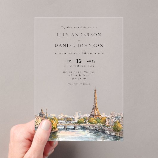 Watercolor Paris France Destination Wedding アクリル招待状 (インサイチュ (ポータブル))