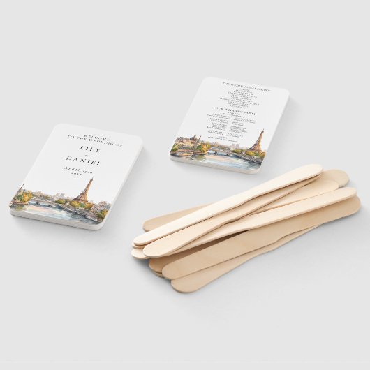 Watercolor Paris France Wedding Program ハンドファン (組立なし)