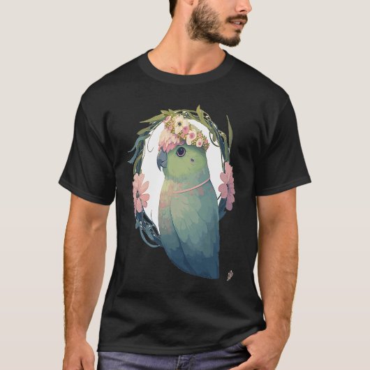Watercolor Parrotlet Parakeet Bird Flower Crown Pe Tシャツ (正面)