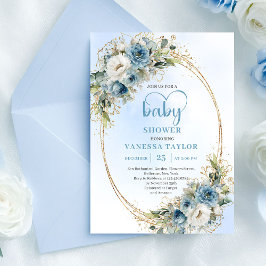 Watercolor Pastel Blue Floral Gold Baby Shower  招待状