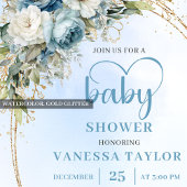 Watercolor Pastel Blue Floral Gold Baby Shower  招待状
