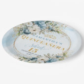 Watercolor Pastel Blue Floral Gold Quinceañera  ペーパープレート (アングル)