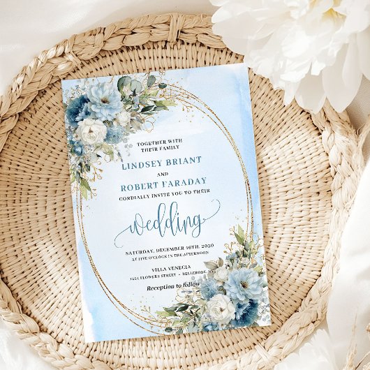 Watercolor Pastel Blue Flowers Gold Wedding Invite 招待状