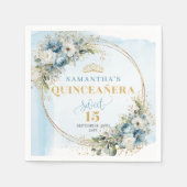 Watercolor Pastel Blue Flowers Greenery Gold  スタンダードカクテルナプキン (正面)