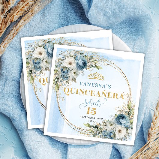 Watercolor Pastel Blue Flowers Greenery Gold 15th  スタンダードカクテルナプキン