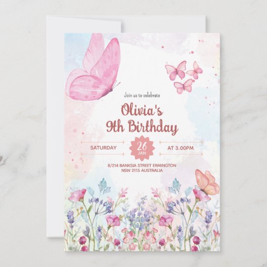 Watercolor Pastel Butterfly Birthday Invitation 招待状 (正面)