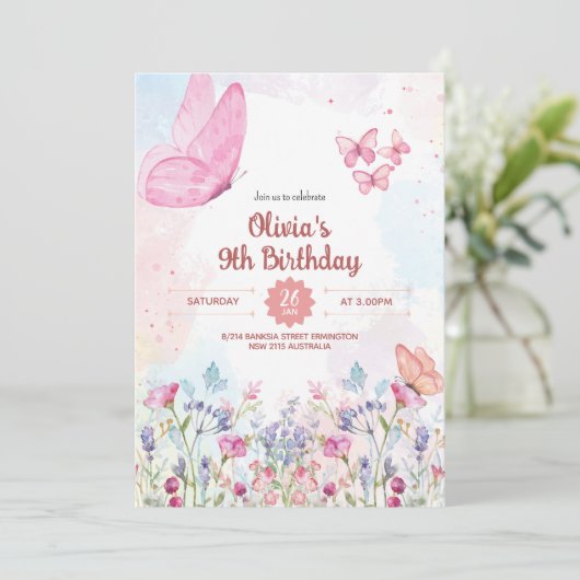 Watercolor Pastel Butterfly Birthday Invitation 招待状 (スタンド正面)