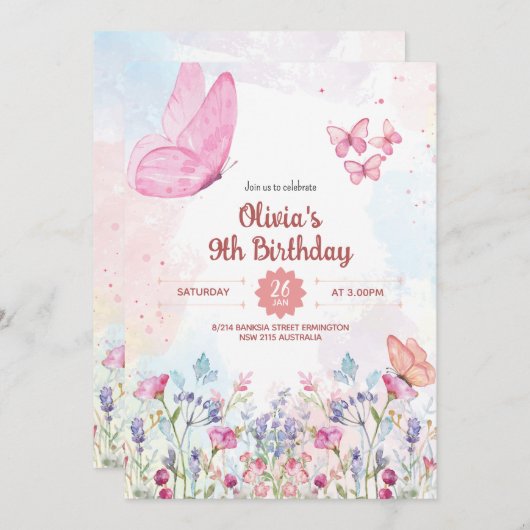 Watercolor Pastel Butterfly Birthday Invitation 招待状 (正面/裏面)
