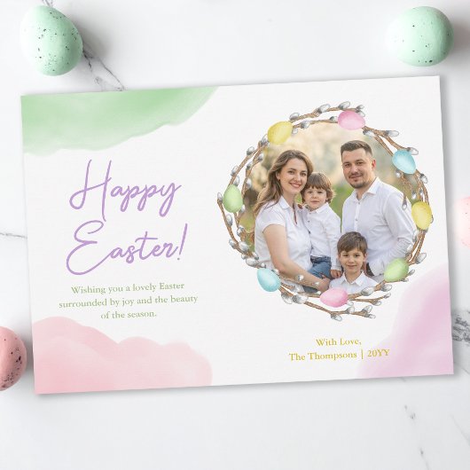 Watercolor Pastel Easter Wreath With Family Photo カード