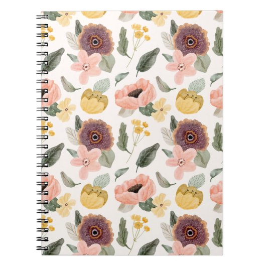 Watercolor Pastel Floral Seamless Pattern | Soft ノートブック (正面)