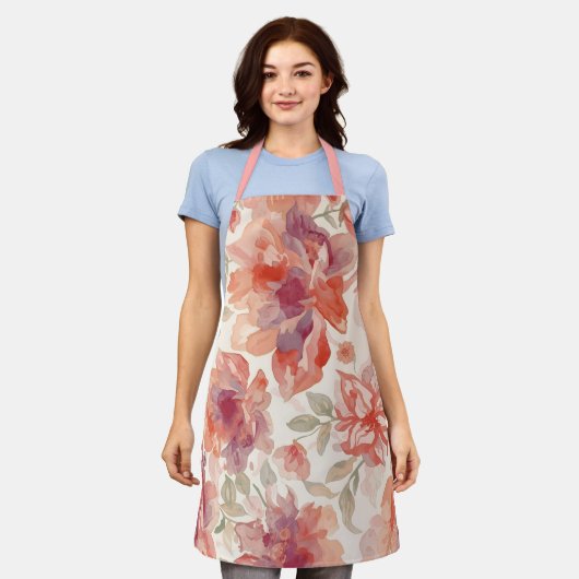 Watercolor Pastel Flowers Light Orange エプロン (着用した状態)