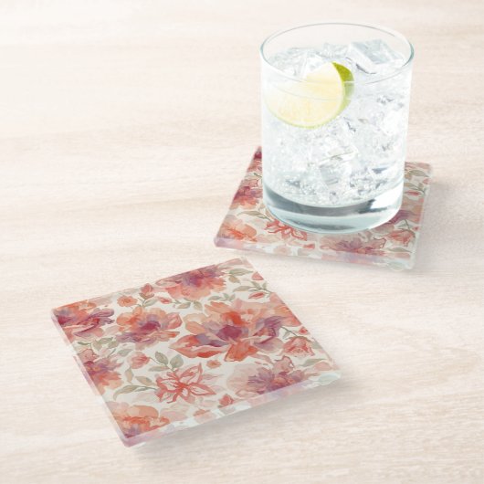 Watercolor Pastel Flowers Light Orange ガラスコースター (アングル)