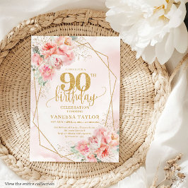 Watercolor Pastel Pink Gold Floral 90th Invitation 招待状