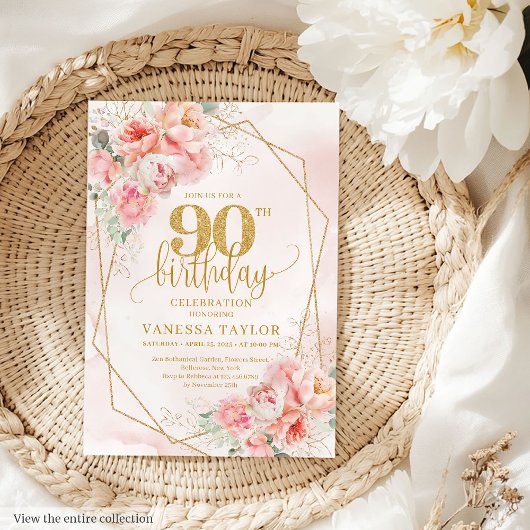 Watercolor Pastel Pink Gold Floral 90th Invitation 招待状