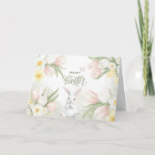 Watercolor Pastel Pink Tulips Easter Bunny シーズンカード (正面)