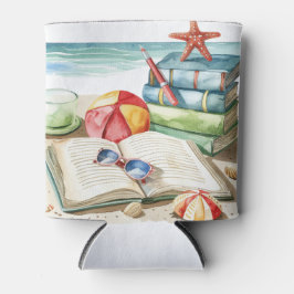 WATERCOLOR PASTEL SUMMER BEACH SCENE WITH BOOKS 缶クーラー