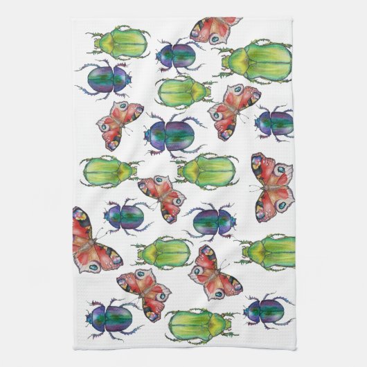 Watercolor pattern of beetles and butterflies キッチンタオル (縦)