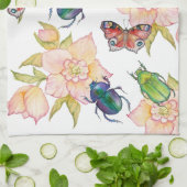Watercolor pattern of beetles and butterflies キッチンタオル (折り畳み)