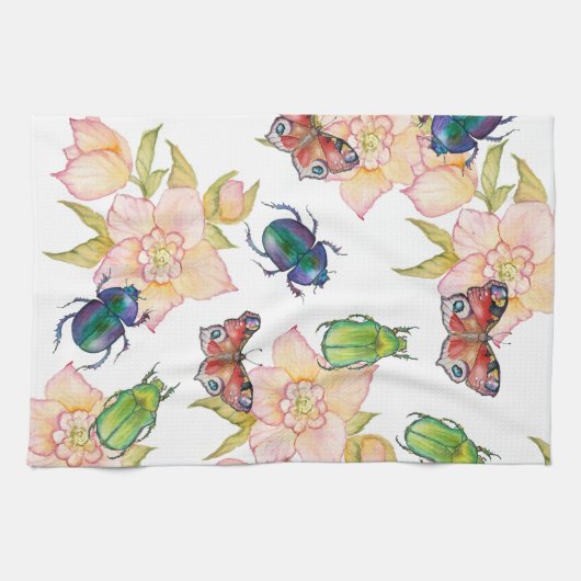 Watercolor pattern of beetles and butterflies キッチンタオル (横)