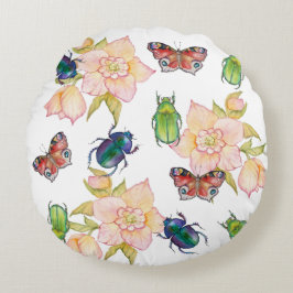 Watercolor pattern of beetles and butterflies ラウンドクッション