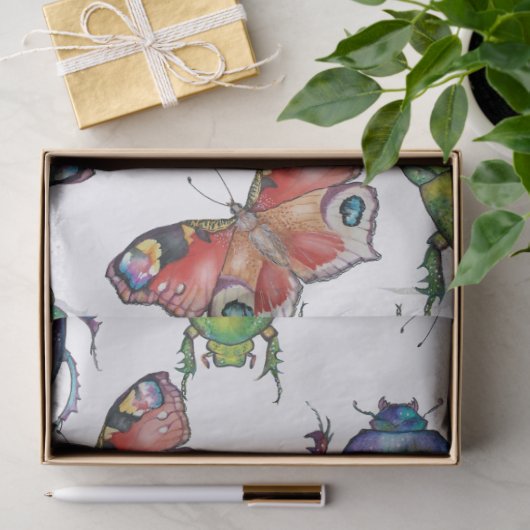  Watercolor pattern of beetles and butterflies 薄葉紙 (ギフト)