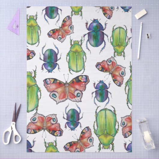  Watercolor pattern of beetles and butterflies 薄葉紙 (クラフト)