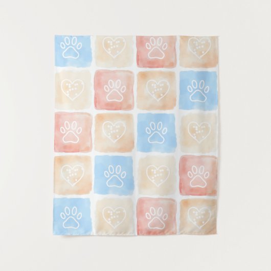 Watercolor Paw Prints & Hearts in Boxes タペストリー (正面)