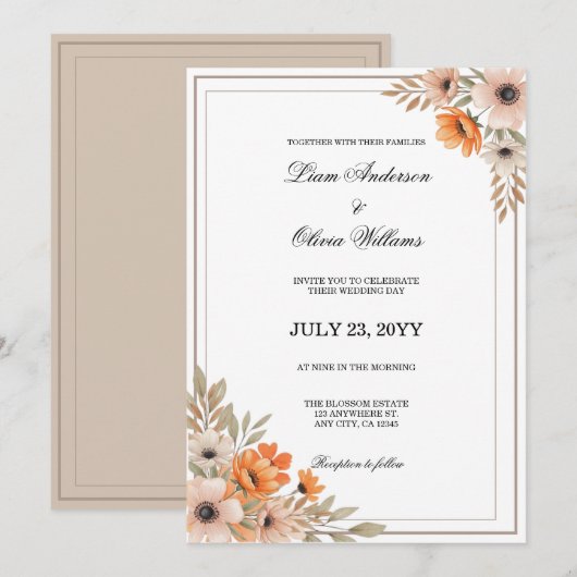 Watercolor Peach Blossom Floral Wedding 招待状 (正面/裏面)
