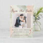 Watercolor Peach & Green Minimal Wedding Photo セーブザデート (スタンド正面)