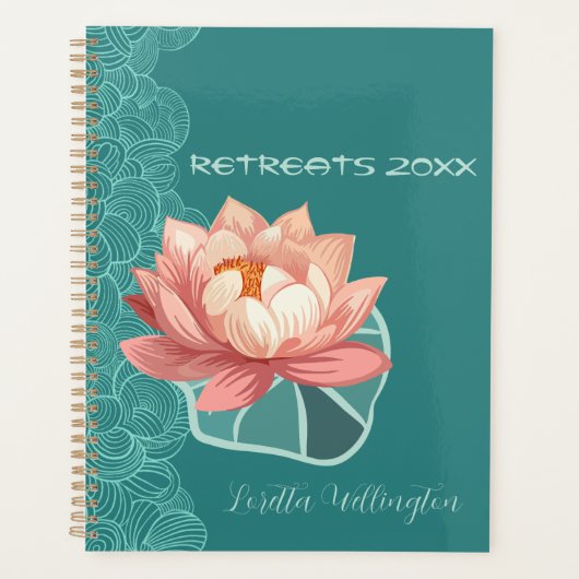 Watercolor Peach Lotus On Teal Personalized プランナー手帳 (正面)