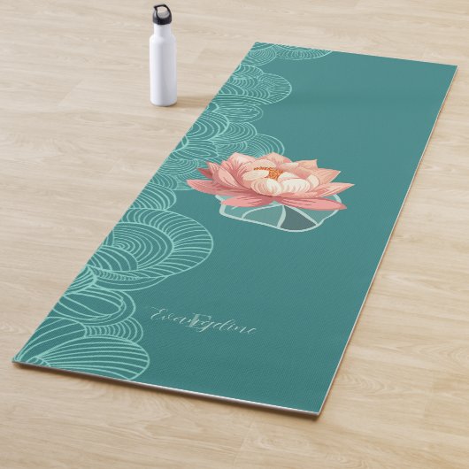Watercolor Peach Lotus On Teal Personalized ヨガマット (インサイチュ)