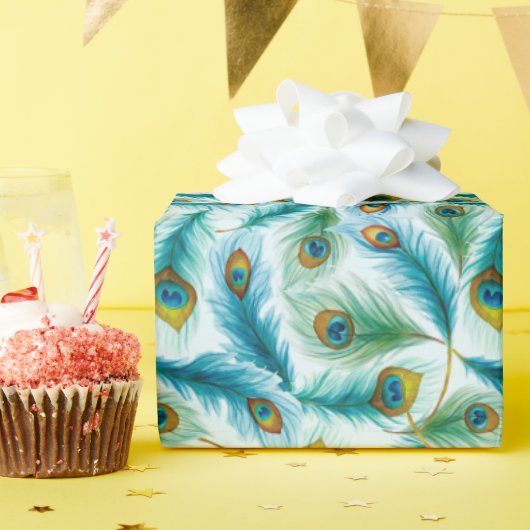 Watercolor Peacock Featers Pattern ラッピングペーパー (誕生日パーティー)