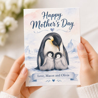 Watercolor Penguin Mother’s Day Card from Kids カード