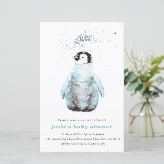 Watercolor Penguin Winter Baby Shower Invitation (スタンド正面)