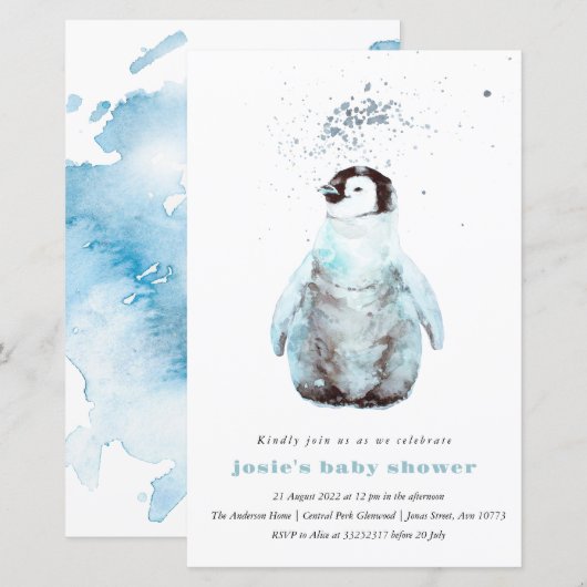 Watercolor Penguin Winter Baby Shower Invitation (正面/裏面)