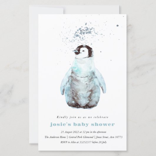 Watercolor Penguin Winter Baby Shower Invitation (正面)