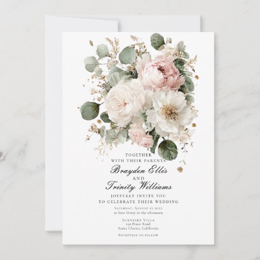 Watercolor peonies elegant wedding invitation 招待状 (正面)