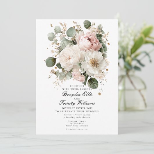Watercolor peonies elegant wedding invitation 招待状 (スタンド正面)