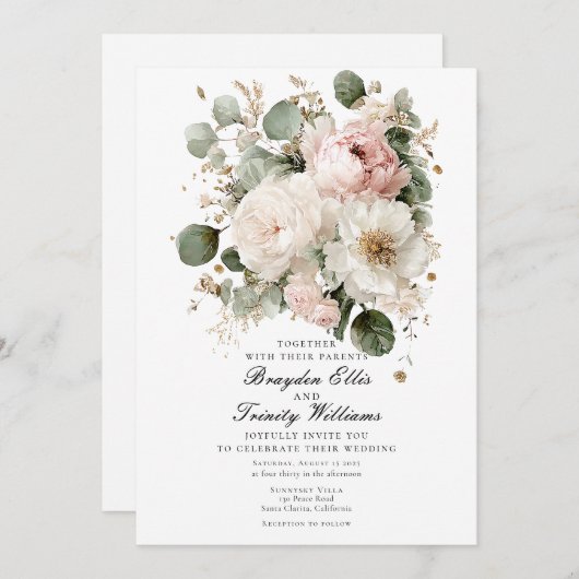 Watercolor peonies elegant wedding invitation 招待状 (正面/裏面)