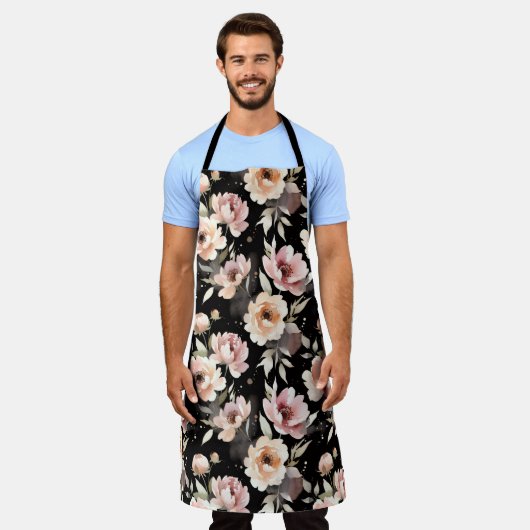Watercolor Peonies with Pastel Wash エプロン (着用した状態)