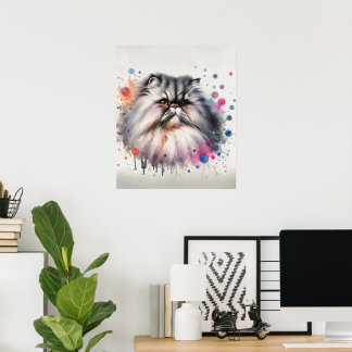 Watercolor Persian Cat Colorful Portrait ポスター