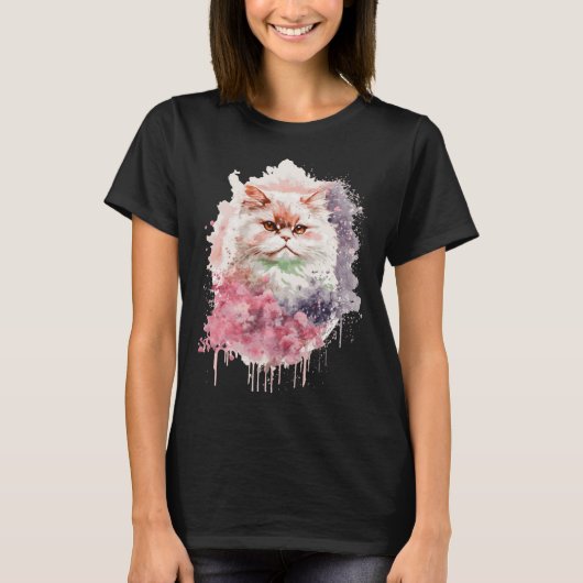 Watercolor Persian Cat Japanese Cherry Blossom Sak Tシャツ (正面)