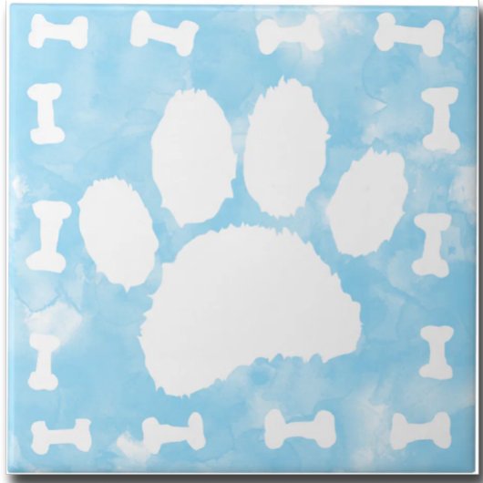 Watercolor Pet Paw Print and Bones Blue タイル