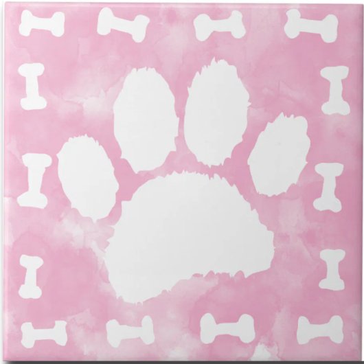 Watercolor Pet Paw Print and Bones Pink タイル