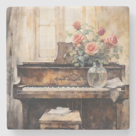 Watercolor Piano & Roses Vintage Stone Coaster ストーンコースター