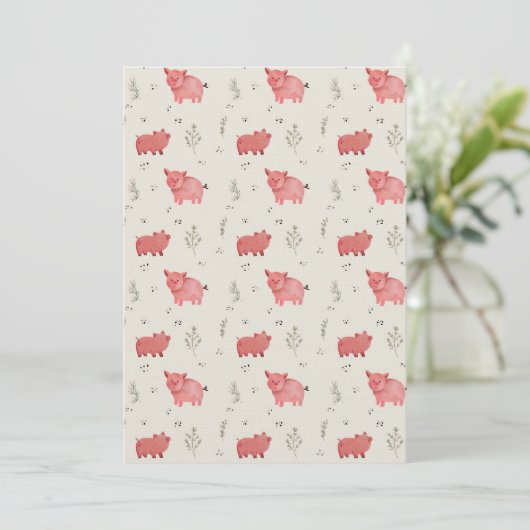 Watercolor Pigs And Flowers Seamless Pattern 招待状 (スタンド正面)
